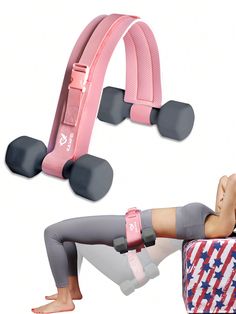 the woman is doing exercises with her pink exercise band and dumbbells in front of her