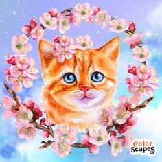 an orange cat with blue eyes is surrounded by pink flowers