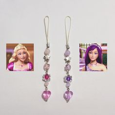 two pictures of barbie the princess and her hair are hanging from silver earwires