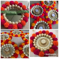 four pictures of different types of decorations with pearls, beads and tassels on them