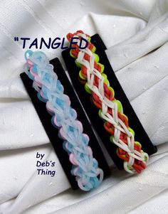 two different colored braided hair ties on top of each other with the words tangled written above them