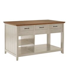 a white wooden table with two drawers on one side and an open shelf at the top