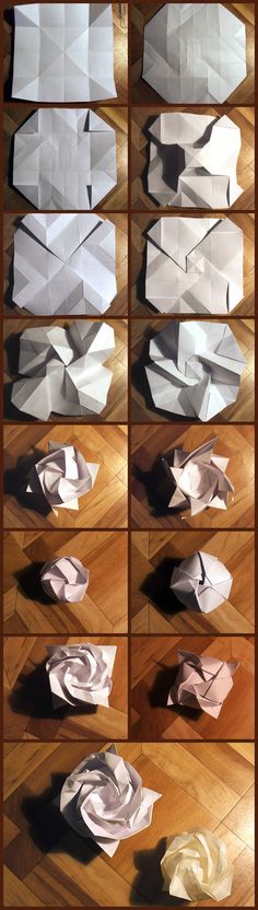 the steps to make an origami rose with paper and glue on wood floor