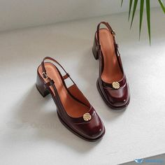 Orcajump - Rustic-Style Stilettos with Wine-colored Strap and Fastening Style Moodboard, Dr Shoes, Chic Heels, Funky Shoes, Elegant Heels, 2024 Style, Shoe Inspo, Slingback Shoes, Aesthetic Shoes