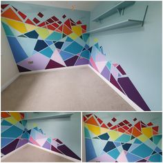 this is an image of a room painted with colorful geometric shapes and colors on the walls