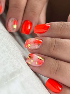 Red Orange Nail Designs Summer, Hot Coral Nails, Red And Orange Nails, Orange Red Nails, Orange Nails Summer, Tort Hello Kitty, Red Orange Nails, Coral Pink Nails, Coral Nails With Design