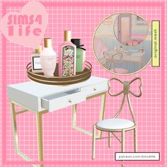 a desk with a mirror, chair and other items on it in front of a pink background