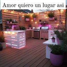 an outdoor kitchen with potted plants and lights on the outside wall, in front of a wooden fence