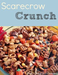 a bowl full of cereal with the words scarecrow crunch in front of it and an orange flower