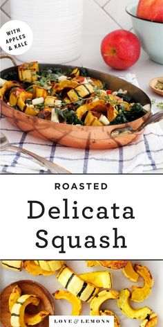 roasted delicata squash in a skillet with text overlay