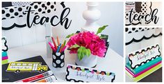 there is a vase with flowers and pens on the table next to some cards that say teach