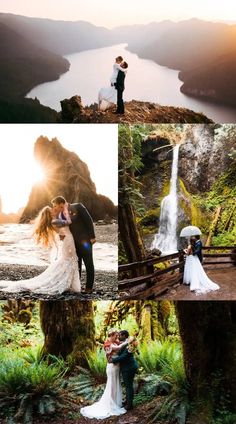 the bride and groom are posing for pictures at their wedding in front of a waterfall