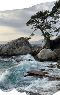 an ocean scene with waves crashing on the rocks and a lone tree in the foreground