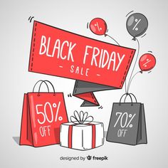 black friday sale with red and white shopping bags, presents and balloons in the air