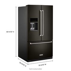 a black refrigerator freezer sitting in front of a white wall with measurements on it