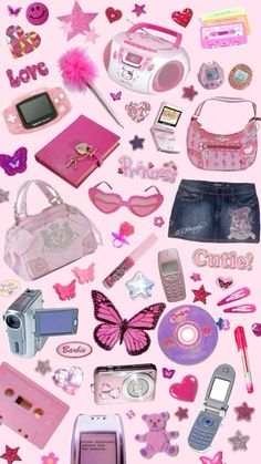 many different items are arranged in the shape of a pink circle on a pink background