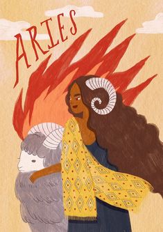 an illustration of a woman holding two rams in her arms with the words aries above her