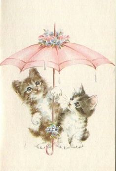 two kittens under an umbrella with flowers on it's head and one is holding the other