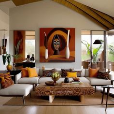 a living room filled with lots of furniture next to a painting on the wall above a coffee table