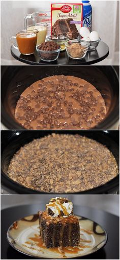 three different views of desserts on plates and in pans