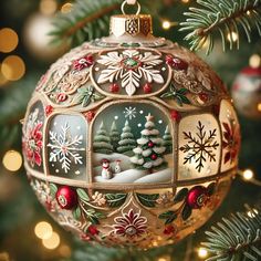 a christmas ornament hanging from a tree with snowflakes and trees in the background