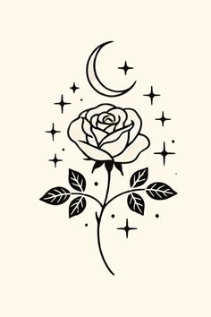 a black and white rose with stars on it's side, in the shape of a crescent