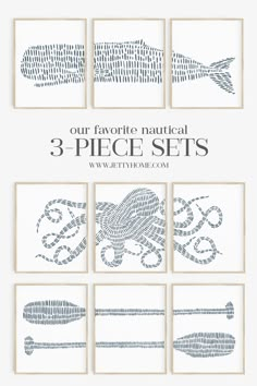 sperm whale, octopus and oar paddle print set of 3 in blue and white Nautical House Interior, Beach Wall Art Condo, Decor For Wall Cutouts, Hamptons House Bathroom, Beach House Deck Railing, Coastal Laundry Room Decor, Lake House Guest Bathroom, Classic Beach House Decor, Nautical Beach House