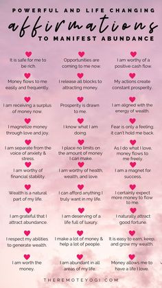 the power and life changing affirmativeness poem on pink background with red hearts