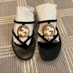 Good Condition. Bottoms Have A Lot Of Wear To Them. Marks On The Back Of The Heel. On The Bottom Of The Heel The Platform Is A Little Worn Down. Some Loose Threads On The Velvet Straps. See Photos. Front Leather Part Is A Little Scuffed. Bottom Of The Front Of The Shoes Are Scratched. Comes With Box. Gucci Flat Sandals For Formal Occasions, Gucci Formal Flat Sandals, Gucci Gold Designer Sandals, Designer Gucci Gold Sandals, Gucci Gold Round Toe Sandals, Gucci Gold Sandals With Round Toe, Shoes Gucci, The Velvet, Suede Sandals