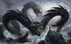 two black dragon attacking each other in the water