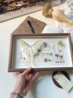 a person is holding a shadow box with butterflies on it