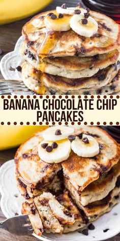 banana chocolate chip pancakes stacked on top of each other