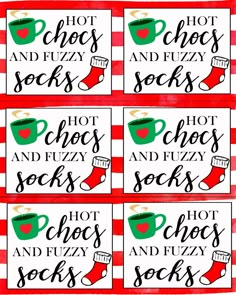 six christmas gift tags with stockings and hot chocolates on them, all in red and green