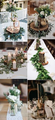 wedding tables with candles and greenery are arranged in four different pictures, including the centerpieces