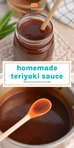 homemade teriyaki sauce in a pot with a wooden spoon on the side and text overlay that reads homemade teriyaki sauce