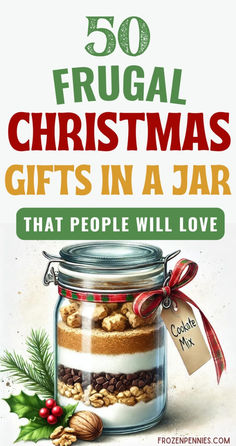 the cover of 50 frugal christmas gifts in a jar that people will love