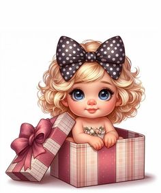 a little blonde doll sitting in a box with a big bow on her head and blue eyes