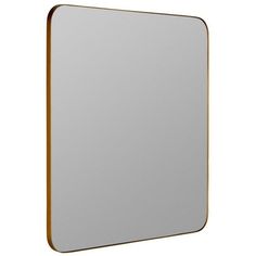 a square mirror on a white background with gold trim around the edges and bottom edge