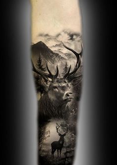 a man's leg with an image of deer and mountain scene on the side