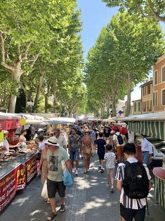 many people are walking down the street at an outdoor food market with trees in the background