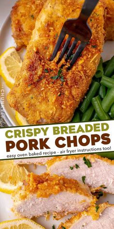 crispy breaded pork chops on a plate with green beans and lemon wedges