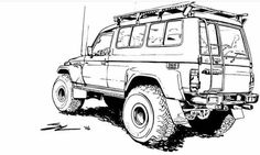 a black and white drawing of an suv