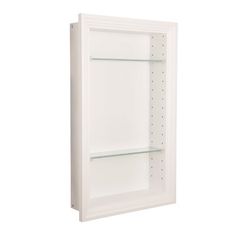 a white wall mounted medicine cabinet with glass shelves