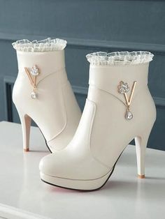 White High Heel Boots, Sepatu Platform, Kasut Tumit Tinggi, Kawaii Shoes, Rhinestone Fashion, Heels Classy