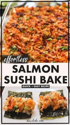 salmon sushi bake with text overlay