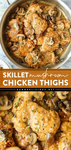 You'll love this skillet chicken dish! Not only are these mushroom chicken thighs tender and super juicy, but they are also smothered in a garlicky, buttery sauce with herbs. Save this family dinner recipe! Mushroom Chicken Thighs, Skillet Chicken Thighs, Easy Suppers, Baked Food, Chicken Stroganoff, Cooking Meals, Easy Main Dishes, Skillet Recipes, Cook Chicken