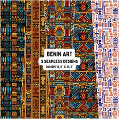 three different patterns with the words benn art 5 seamless designs