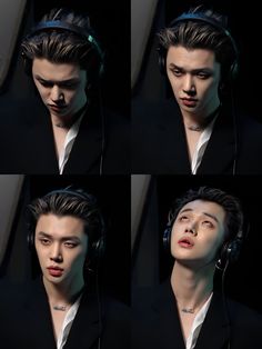 multiple images of a man with headphones on his ears and wearing black suit jacket