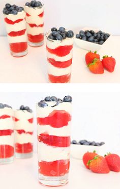 red, white and blue desserts in glasses with strawberries on the side for fourth of july