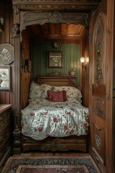 a bed sitting inside of a wooden frame